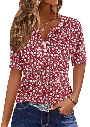 WNEEDU Women Summer T Shirts V Neck Button Ladies Tops Short Sleeve Blouses Tunic Tops Casual Henley Shirts Red Flowers M