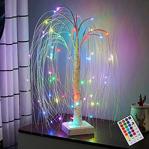 50cm Fibre Optic Christmas Tree, Pre-Lit Branches USB & Battery Operated With Remote Control, Small White Birch Twig Tree With Warm LED Lights for Indoor Decoration