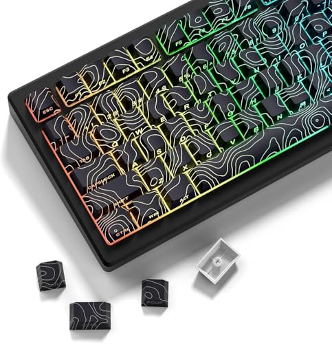 LQXQ PBT Keycaps, capuchons de touches topographiques noirs 60 75 % lignes, touches Shine Through, capuchons de touches imprimés latéralement Cherry Profile pour 100 %, 75 %, 65 %, 60 % ANSI US