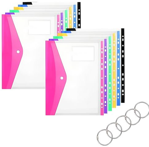 Plastic Wallets A4 Punched Pockets: 12 Pack Clear Poly Pockets Multicolor 11-Holes File Document Wallets Folder with Snap Button 5 Binders and 10 Index Dividers for Home School Office Supplies