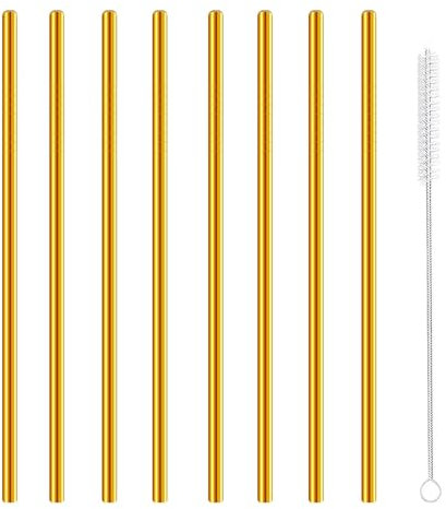 Stainless Steel Drinking Straws Gold, Reusable Metal Straws for Juice Iced Coffee Water Smoothies, 0.24 (6 mm) Wide 215 mm Long, Fits 20 oz Tumblers and Cups, Set of 8 with Cleaning Brush