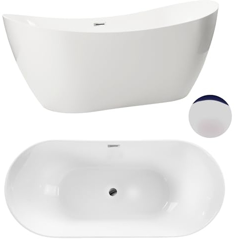 AQUAUNO Freistehende Badewanne zur Wandmontage 170 x 72 cm aus hochwertigem Sanitäracryl – weiße Acrylbadewanne mit Klick-Klack-Ablauf, Überlauf und Ablaufgarnitur in Chrom