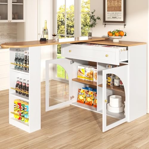 Ligterra Mesa de bar extensible, giratoria 360°, comestible, portátil, isla de cocina, con almacenamiento y cristal, 138-204 x 39 x 104 cm, color blanco