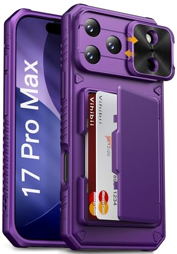 Vihibii für iPhone 17 Pro Max Hülle mit Kartenfach (4 Karten), Kamera Schutz Schieber, Stoßfeste Schutzhülle, Anti Kratzt Robuste TPU Silikon RFID Protection Etui für iPhone 17 Pro Max 6.9 Zoll, Lila