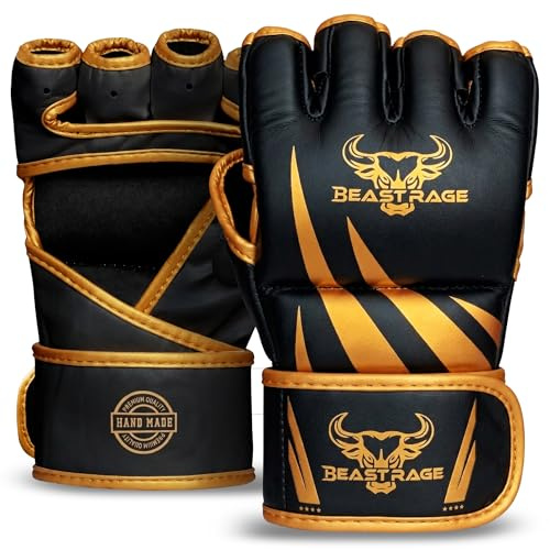 BEAST RAGE-Guanti da MMA realizzati a mano,di alta qualità,durevoli,con palmo aperto,per BJJ,UFC, Sparring e kickboxing,forte supporto per il polso (Nero/Oro, L/XL)