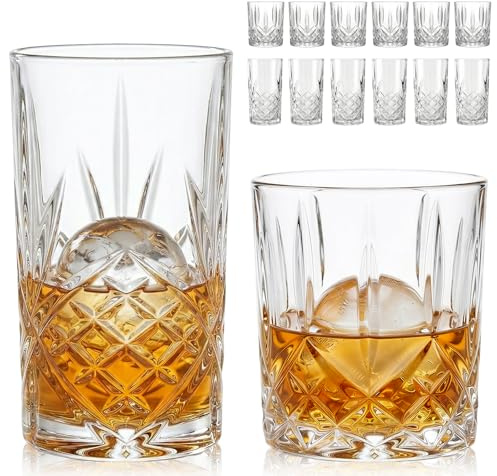 Moretoes Crystal Whisky Drinking Glasses Set of 12, Glass Cups, Mixed Glassware Set, 12 Oz Highball Glasses & 11 Oz Old Fashioned Glasses, Great for Cocktail and Other Beverages