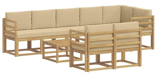 vidaXL Outdoor-Sofagarnitur mit Kissen 9 pcs Weiß und Beige Polyester, Stylisches Außensofa, wetterfestes Set, Bequeme Sitzgelegenheit für den Garten, Akazienholz Möbel