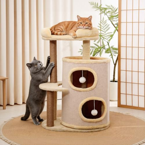 Barril rascador para gatos de 4 pisos, árbol rascador con barras de sisal y bolas de peluche, diversión de escalada para gatos pequeños, 85 × 55 cm, estable y resistente a los arañazos, color beige