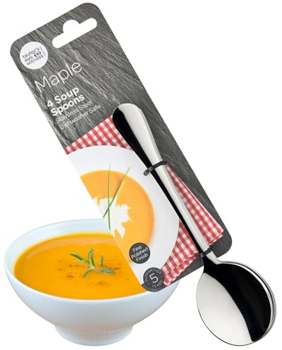 Taylor's Eye Witness Soup Spoons Set of 4 – Stainless Steel Round Spoons for Bouillon, Ramen, Cereal, Ice Cream – Dishwasher Safe Silverware for Dining, Kitchen - Mirror Polish Table Spoon