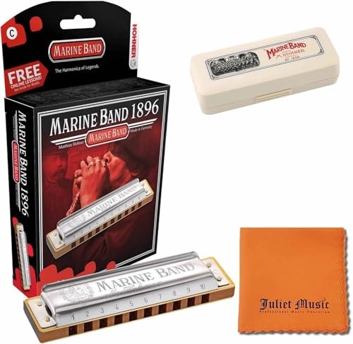 Hohner Marine Band Harmonica Key of C with Hard Case, and Juliet Music Polishing Cloth (C Bundle)