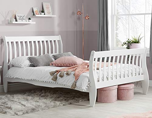 happybeds Belford White Wooden Sleigh Bed, 4ft6 Double, High Foot End | 4ft6 Double, Wooden Sleigh Bed, White, High Foot End, 135 x 190 cm, Flat-Packed