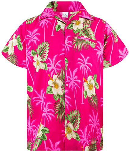 King Kameha Funky-Camicia-Hawaiana, Manica-Corta, Small-Flower, Magenta, XS