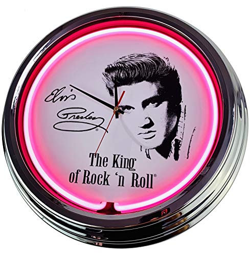 US-Way.de Elvis Presley – 44 cm Durchmesser, Deko-Wanduhr ohne Tickgeräusche und gut lesbares Display, USA 50er-Jahre-Stil Neon-Uhr für Küche, Büro (Rosa)