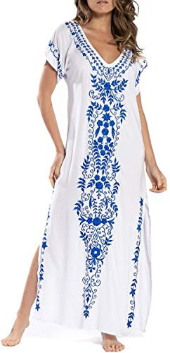 YouKD Summer Embroidered Floral Loose Caftan Boho Beach Bikini Cover Up Dress Plus Size Robe for Women B White