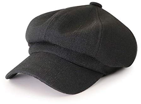 RUICHENG Ballonmütze Beret Damen Leinen Schirmmütze Kappe Bakerboy Mütze mit Schirm (Schwarz)
