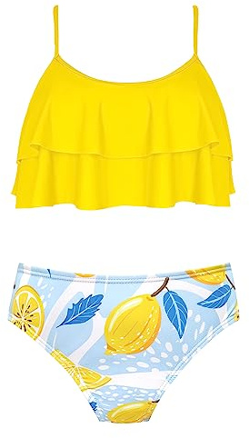 SHEKINI Maillots de Bain Deux Pièces Filles Imprimé Volants Réglable Halter Bikini Top Tankini Set Filles 2 Pièces Triangle Bas de Bikini de Plage pour 6-14 Ans(10-12 Years, Jaune Y/Fille)