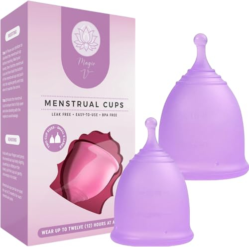 Magic V Steam V Menstrual Cups - Set of 2 Reusable Soft Silicone Period Cups 1 Large 1 Small - Light to Heavy Flow - Soft, Flexible & Hygenic