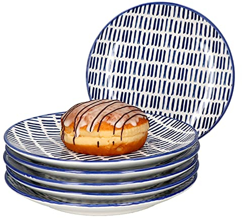 MamboCat 6-teiliges Teller-Set Jail I Kuchenteller-Set für 6 Personen I Flache Dessert-Teller beidseitig glänzend lasiert in Blau-Weiß I Hochwertiges Porzellan Geschirr-Set mit Ø 19,5 cm