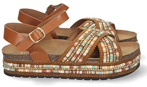 66090-Sandalia Plana para Mujer, con Planta Bio, Palas Cruzadas, y Cierre de Hebilla, Primavera Verano 2022. Talla 39 Camel