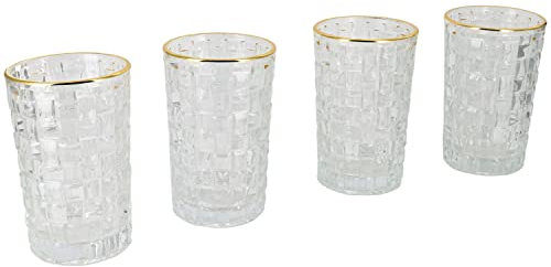 G Decor Set of 4 Dante Vintage Textured Highball Glasses Elegant Drinkware with Gold Rim 375ml