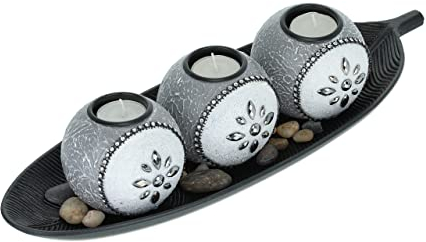 Relaxdays Portavelas Bandeja y Piedras Decorativas, 40,5 cm Largo, Centro Mesa Salón, Candelero, Gris, Negro y Blanco