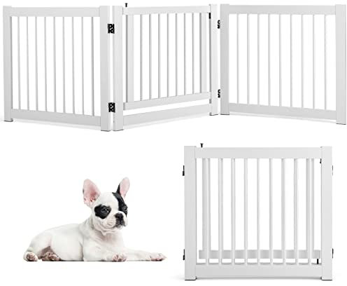 COSTWAY Barrera Plegable de 3 Paneles, Barrera de Seguridad Extensible para Perros, Recinto de Seguridad de Pino para Puertas, Escaleras, Pasillos, Montada 210 x 61 x 1,8cm