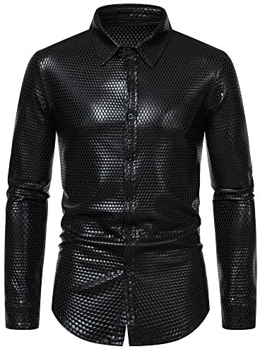 MakingDa Herrenhemd, Rautenmuster, Bronzing-Druck, langärmelig, Button-Down-Shirt, 70er-Jahre, Disco-Party, Kostüm, Schwarz , M