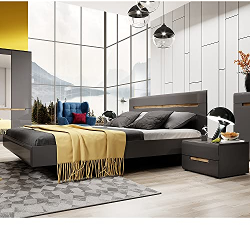 Lomadox Schlafzimmer Bett mit 2 Nachtschränken, 180cm breit, in anthrazit mit anthrazit Hochglanz und Appenzeller Fichte Nb., B/H/T ca. 290/92/205 cm