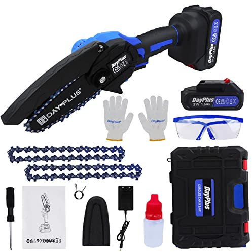Brushelss Akku Kettensäge 4-Zoll mit 2 Akku & 2 Kette, Elektrische Handsäge mit Sicherheitsschloss, Sicherheitskettensäge für Holzschneiden Baumschnitt
