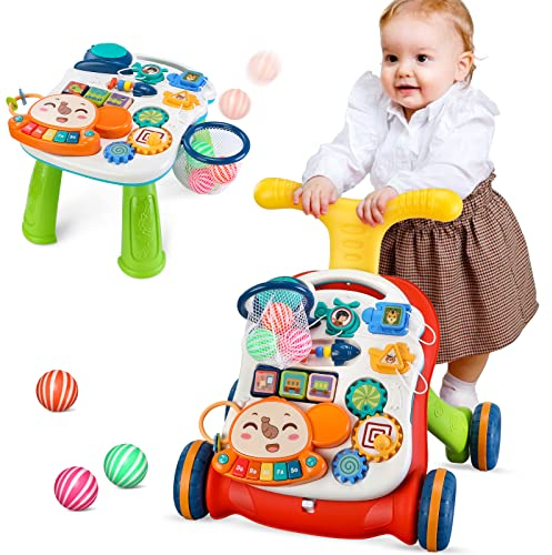 2 in 1 Lauflernhilfe zum Sitzen und Stehen für Baby, Regulierbarer Geschwindigkeit Laufwagen für Kleinkinder, Abnehmbare Spielplatte, Baby Musik Lernen Spielzeug-Für Kinder von 12-36 Monaten(Grün)