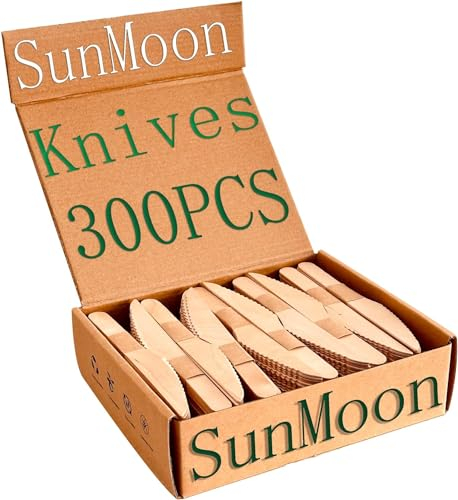 SunMoon Paquete de 300 cuchillos de madera ecológicos desechables, sustituto de cuchillos de plástico y cuchillos de bambú, embalaje sin plástico, cuchillos desechables para fiestas, viajes, camping