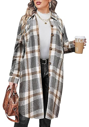 Jhsnjnr Womens Shacket Long Plaid Wool Coats Fashion Button Up Long Sleeve Flannel Shirts Jackets