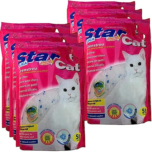 Star Cat Silikat Hygiene Katzenstreu vom PowerCat Hersteller 6X 5L (30L) mit Magic Power Clean Crystals absorbiert Urin in Sekundenschnelle und wirkt antibakteriell