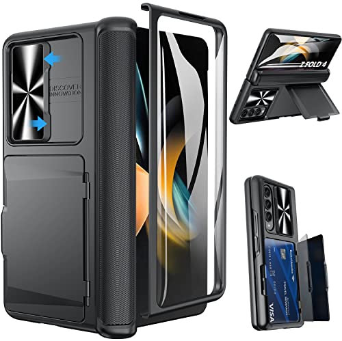 SIXBOX for Samsung Galaxy Z Fold 4 Case with Card Holder & Hinge Protection & Slide Camera Lens Cover & Screen Protector, Durable Sturdy Phone Case for Samsung Galaxy Z Fold 4 5G 2022 (Black)