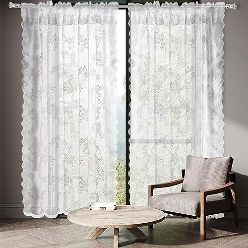 2er Set Weiß Transparent Vorhang: Weiße Spitze Vorhang H 200 x B 150 cm, Tüllvorhang, Weiß Vorhänge mit Blumen Stickerei, Transparent Vorhang für Wohnzimmer, Terrasse, Schlafzimmer, Hochzeit dekor