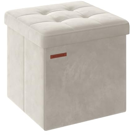 SONGMICS Storage Ottoman, Foldable Small Ottoman Foot Rest, 38 x 38 cm Foot Stool, Ottoman with Storage, Load up to 300 kg, for Living Room, Bedroom, Dorm, Cream White LSF227W51