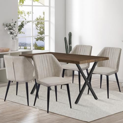 CLIPOP Esszimmergruppe Esstisch mit 4 Stühlen, Küchentisch und Gepolsterter Esszimmerstühle mit Armlehne für Restaurant Esszimmer Küche (Kunstleder Beige Stuhl, Braun Tisch 120 X 80 X 75 cm)