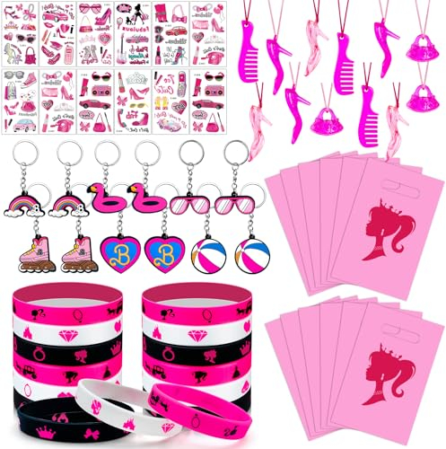Moltby Cadeaux de Fête Pink Anniversaire pour filles - 12 Bracelets en Silicone Rose pour Fille, 12 Porte-clés Roses, 12 Sacs Cadeaux Roses, 12 Tatouages Temporaires