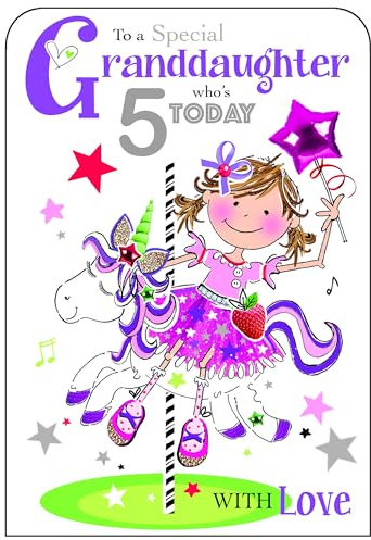 Jonny Javelin Geburtstagskarte für Enkelin, zum 5. Geburtstag, Mädchen auf einem Einhorn-Karussell, geprägt, mit Folie und Glitzer-Details