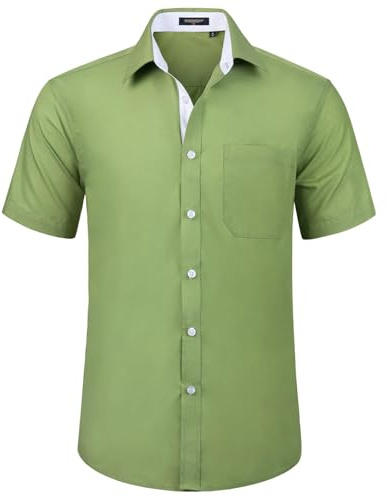 HISDERN Green Dress Shirt for Men Short Sleeve Formal Casual Regular Fit Button Down Business Shirt with Chest Pocket,XL