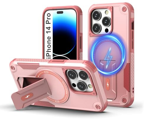 Tuvror Magnetic for iPhone 14 Pro Case with stand, [Compatible with MagSafe] Built-in kickstand, Military Drop Protection, Rugged Heavy Duty Shockproof Protective Phone Cover for iPhone 14 Pro (Pink)