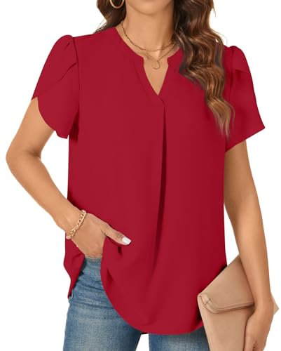 TAOHUADAO Women's Tops Summer Casual Blouse V Neck Petal Short Sleeve T-Shirts Dressy Chiffon Tunic for Leggings, Red XL