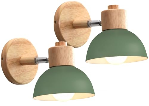 iDEGU 2 Stücke Wandleuchten Moderne Innen Wandlampe aus Holz Metall Halbkreis Lampenschirm E27 Verstellbare Wandspot Vintage Lampe für Schlafzimmer Wohnzimmer Küche Flur Café (Olivgrün)