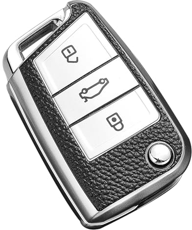 Misuyue Autoschlüssel Hülle VW, VW Golf 7 Schlüsselhülle für VW Mk7 Polo MK6 Skoda Octavia Touran Tiguan Tarraco Seat Leon Cupra Ibiza, 3 Tasten Skoda Schlüsselhülle aus Leder und TPU (Silbrig)