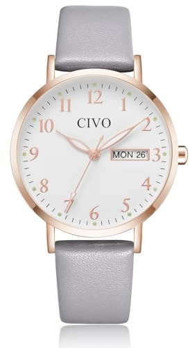 CIVO Easy Read Watches Women: 35mm Large Face with Numerals Hands Date Day | Analog Luminous Display Ladies Everyday Watch with Leather Strap for Daily Wear Casual Dress - Gifts for Wife Mother Seniors