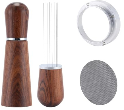GdHaHSP WDT Tool Set 51 mm Siebträger Zubehör für 51 mm Siebe | Rosenholz-WDT, 8 Edelstahl-Nadeln, Alu-Dosierring 51mm & Puck Screen 51mm für Home-Baristas