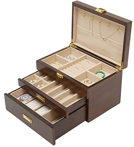 3 Schicht Schmuckkasten Holz Schmuckschatulle Schmuckkästchen Schmuckkoffer, Große Holz Schmuck Aufbewahrungsbox 3 Schichten Organizer 2 Schubladen Schrank