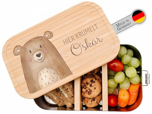 wunderwunsch Brotdose personalisiert mit Namen, Edelstahl Lunchbox | Kindergarten Brotzeitbox für Kinder mit Fächern, Metallbrotdose BPA frei, gravierte Kinder Holz Lunch-Box, Mädchen oder Junge