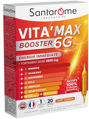 Santarome Vita'Max Booster 6G – Nahrungsergänzungsmittel gegen Müdigkeit, sofortige Energie – 6900 mg Wirkstoffe, ultra dosiert – Ginseng, Guarana, Ingwer, Goji, Granatapfel, Gelée Royale – 20