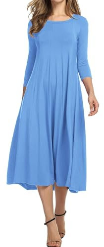 Hotouch Damen Kleider Elegante Midi Tunika Kleid A-Linie 3/4 Ärmel Kleid Rundhals Einfarbig Freizeitkleider Herbst Winter Kleider Blau M